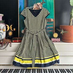 Jones New York Black and Yellow Patterned Midi Dress Size 12